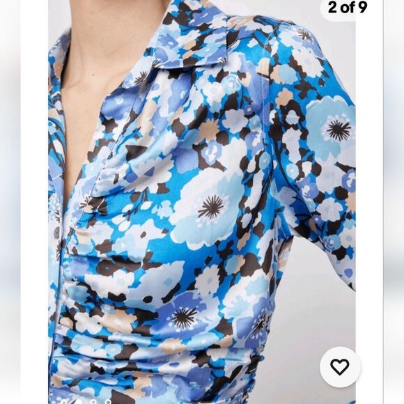 Rails Women Lisa Top Blue / White Long Sleeve Button Down Ruched Floral Top sz M - Picture 10 of 14